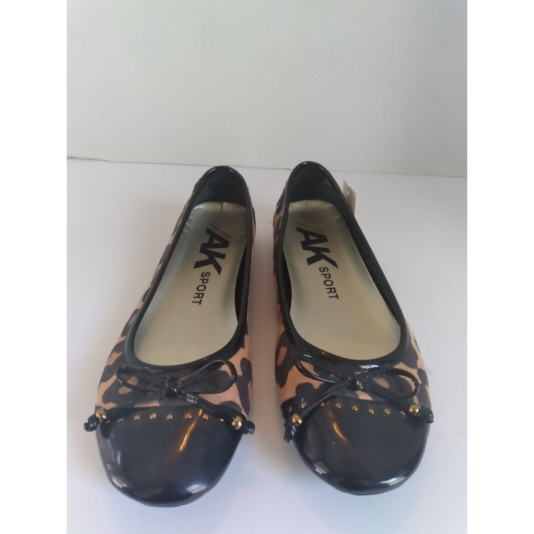 AK Sport Leopard Print Ballet Flats Black Patent Bow Detail Shoes
