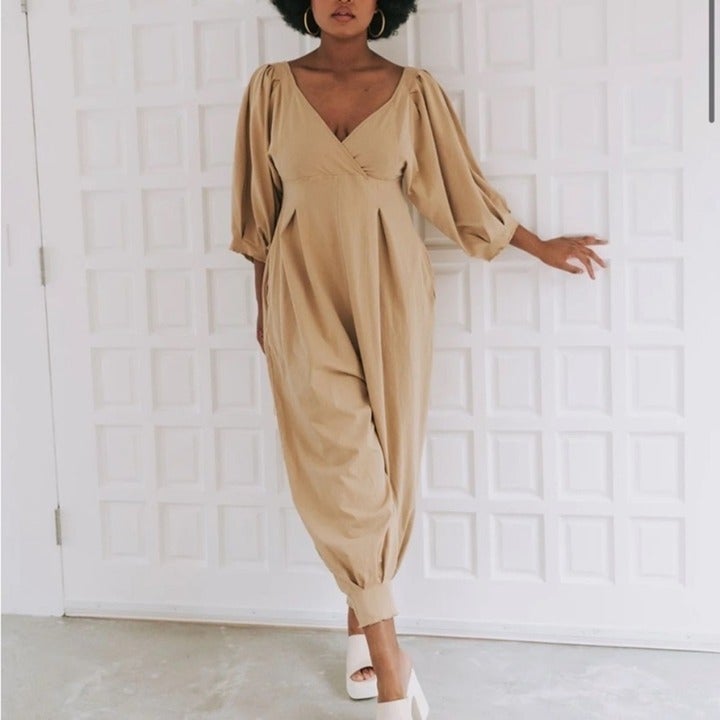 New Free People Lotta Love Jumpsuit Romper Onesie Puff Sleeve in Tan Bei…