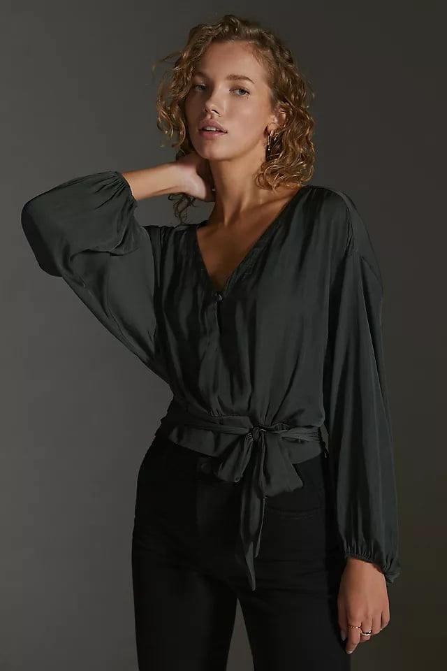 Anthropologie Elegant Satin Dark Green Long Sleeve V-neck Women's Top Small