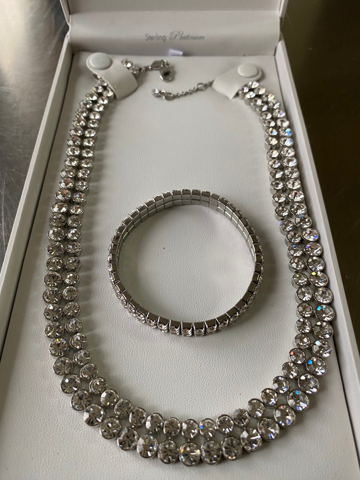 Crislu sterling platinum necklace and stretch bracelet set