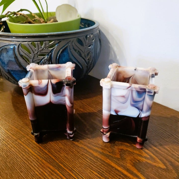 Vintage Slag Glass Planter Vase Purple White Swirl 3.75 Set of 2 - READ