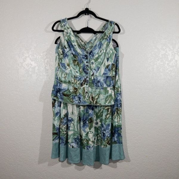 TapeMeasure Blue Floral Linen Blend Tank and Skirt Set Size 12