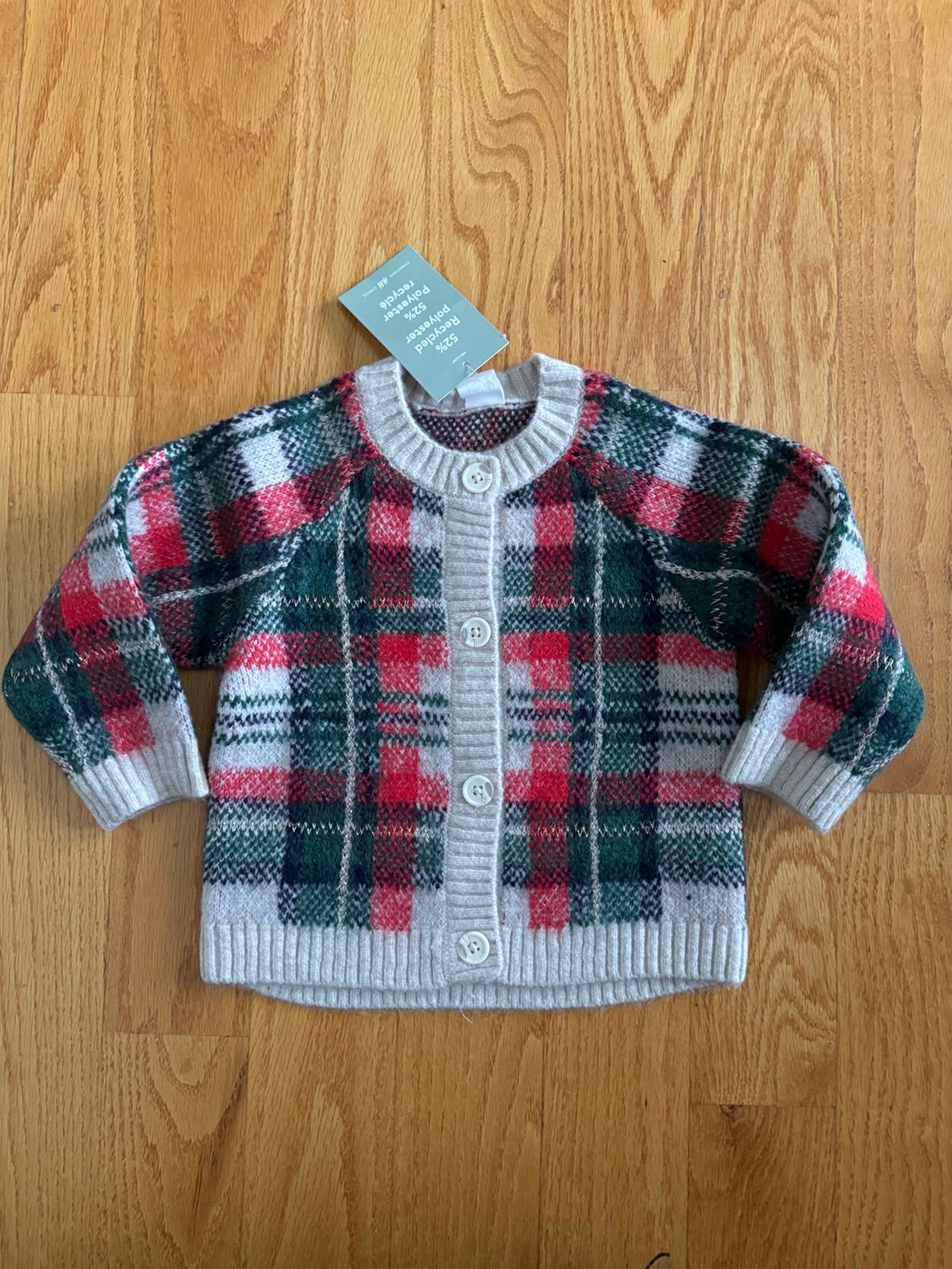 New H&M plaid checkered green red tan cream cardigan sweater Christmas 12 months