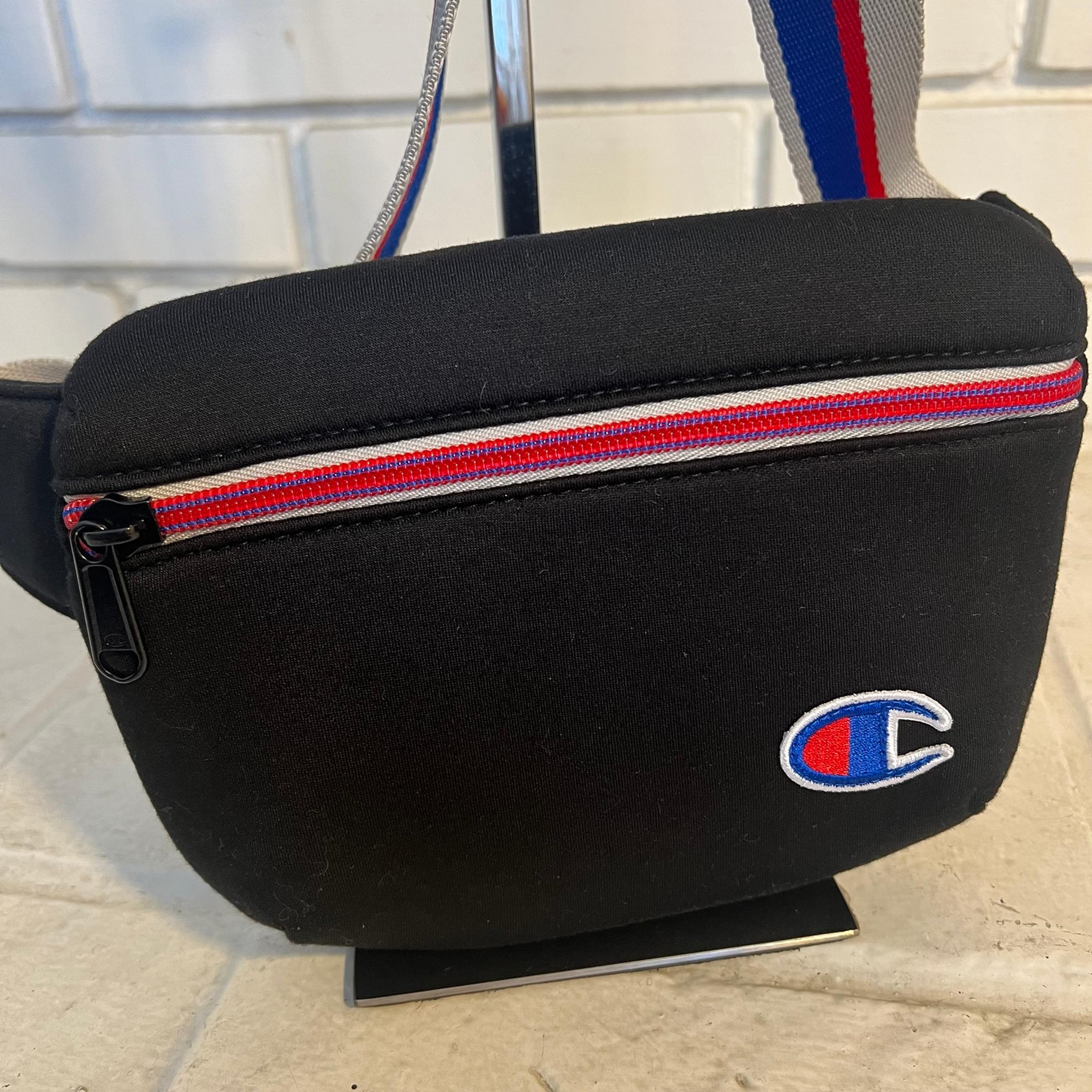 True Vintage CHAMPION Big Logo Black Neoprene Vtg Retro Fanny Pack Belt Bag