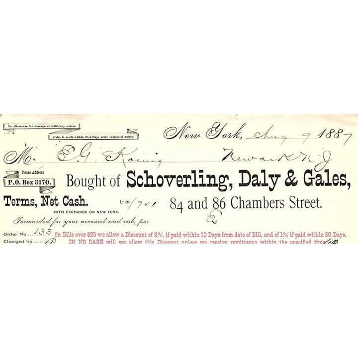 1887 SCHOVERLING DAILY & GALES CHAMBERS ST NEW YORK INVOICE BILLHEAD Z1246