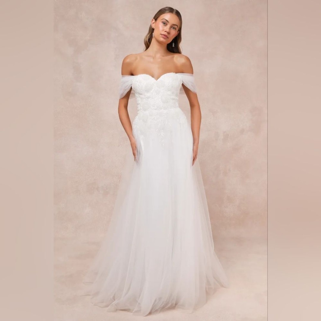 Lulu's Blissfully Romantic White Tulle Off-the-Shoulder Maxi Dress L Bridal