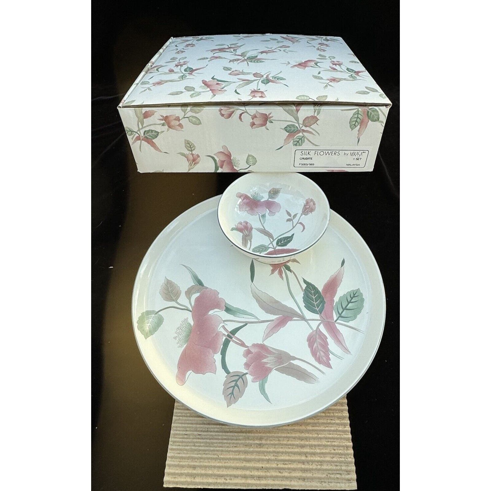 Mikasa Continental China #F3003 SILK FLOWERS Crudite Plate & Bowl Chip and Dip