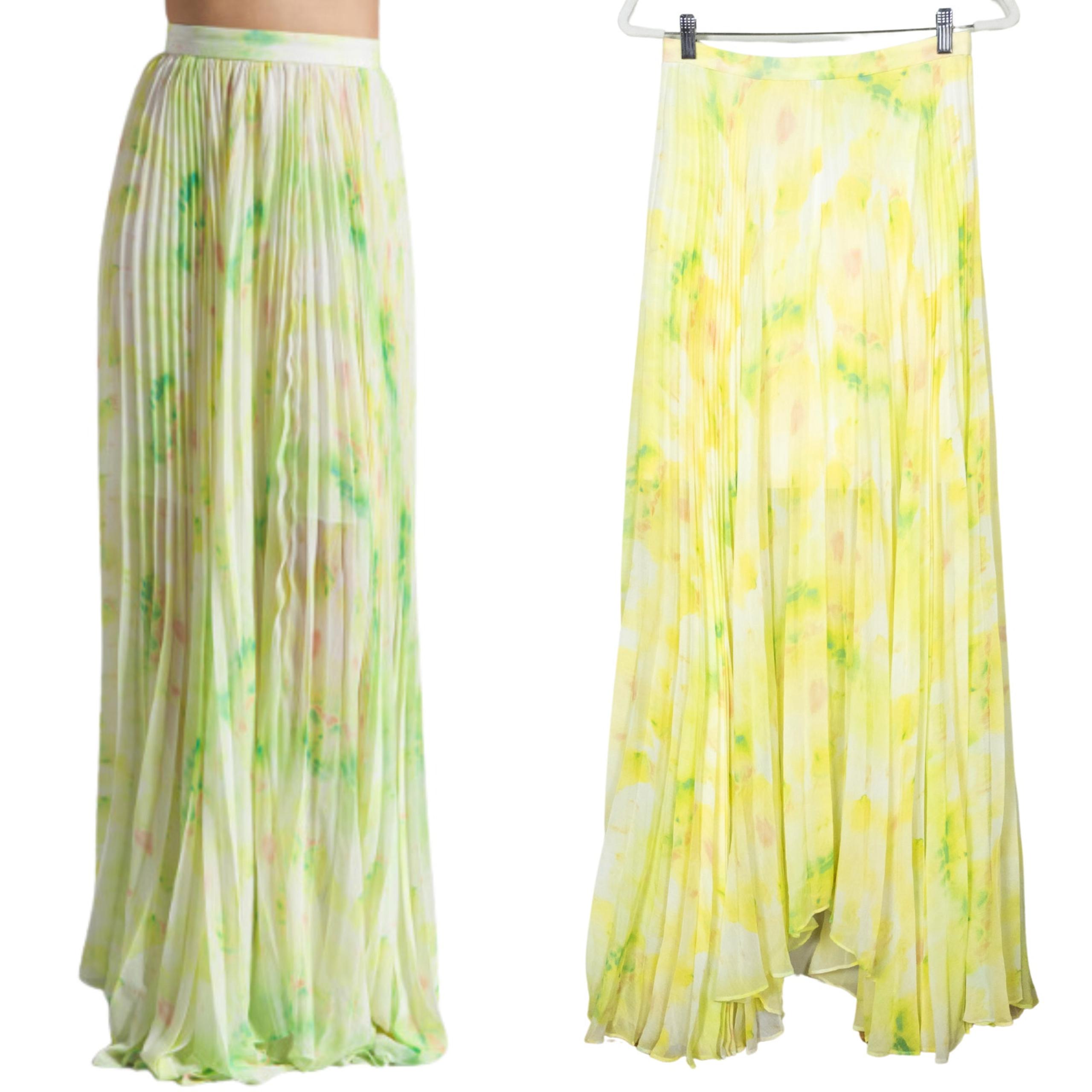 ALICE + OLIVIA Shannon Pleated Maxi Skirt in Citrus Tie Dye Yellow Women's 6