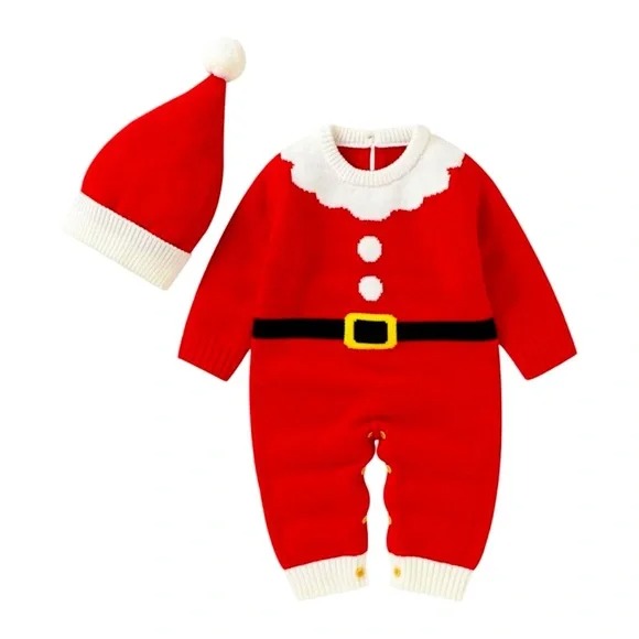 1-2Y Santa Claus Knit Onesie/Romper with Santa Hat