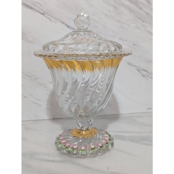 Fostoria Vintage 1920-1949 Colony Footed Urn W/Lid Hand Painted Gold & Floral