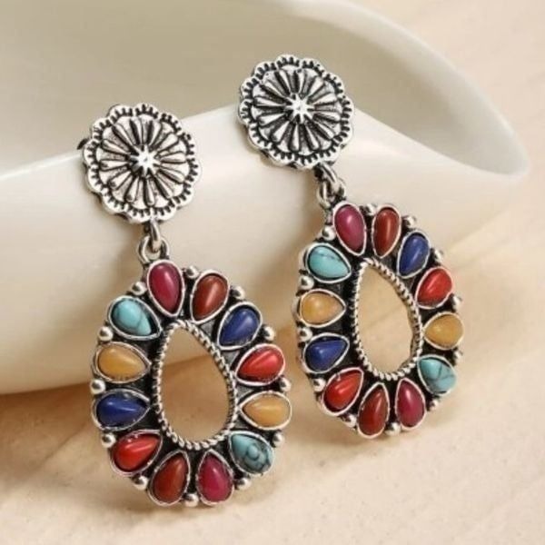MULTICOLORED SILVER SANTA FE STYLE WATER DROP EARRINGS