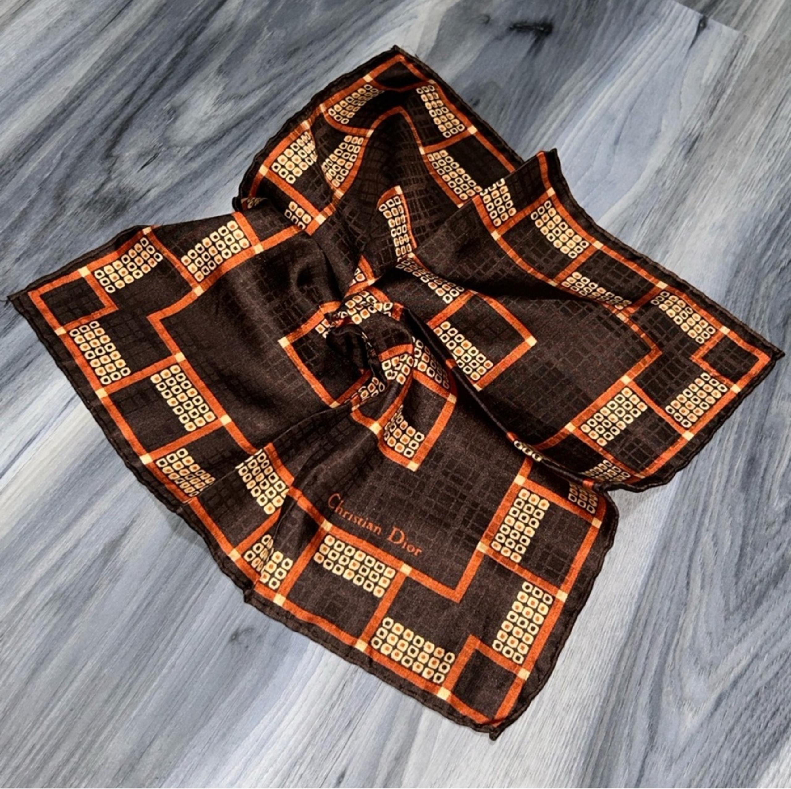Vintage Christian Dior Brown & Orange Silk Handkerchief Scarf (small)