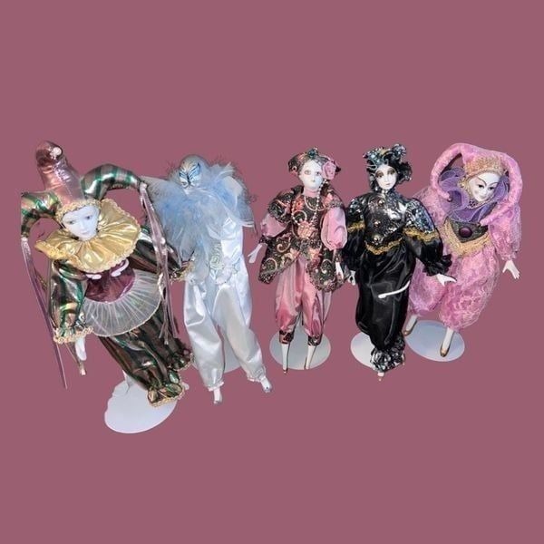 5 Harlequin Porcelain Clown Jester Doll Hands Feet Hand Painted Art W/ Stands 18