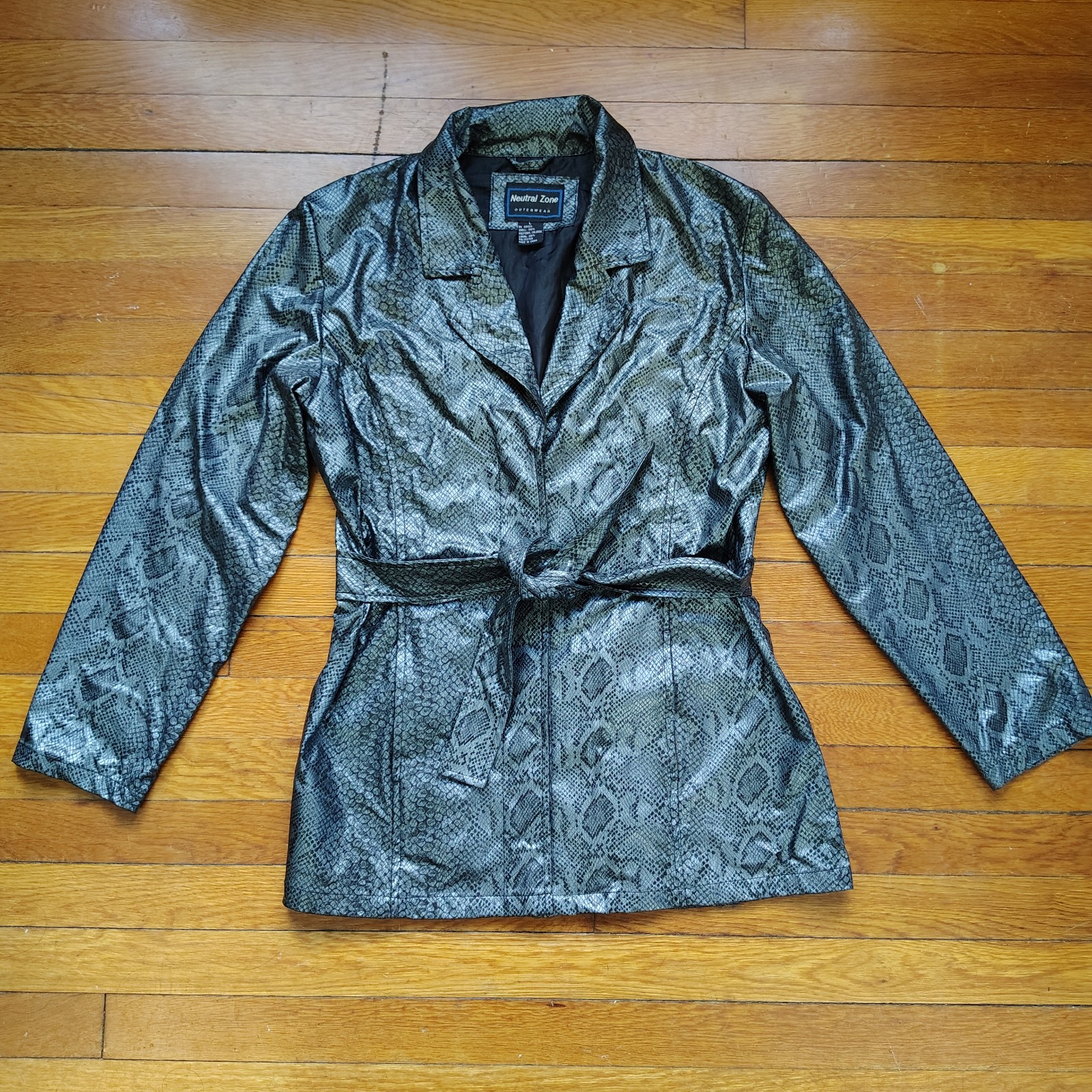 90s Y2K Vintage Women's Large Faux Snakeskin Jacket Gray Belted Trench Coat L