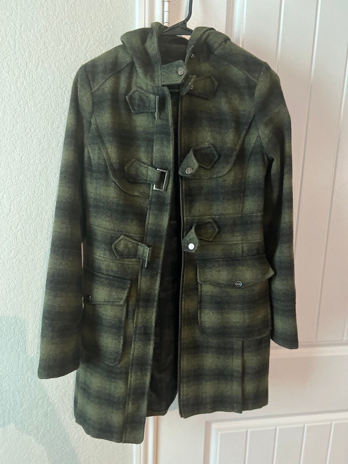 Steve Madden Hooded Plaid Green Wool PeaCoat with silver hardware.