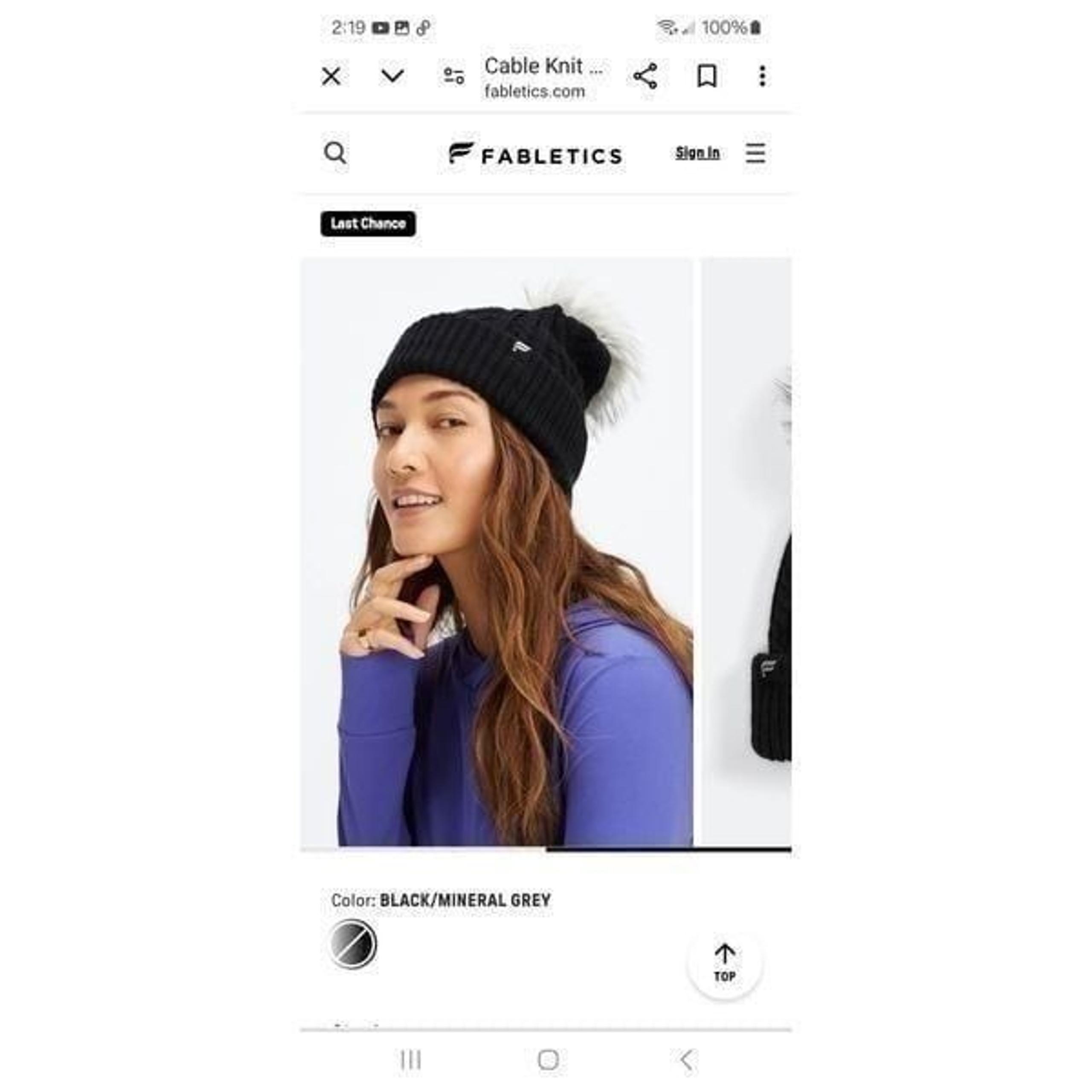 New Fabletics Black Mineral Grey Pom Beanie Hat  Cable Knit Sweater Hat NWT