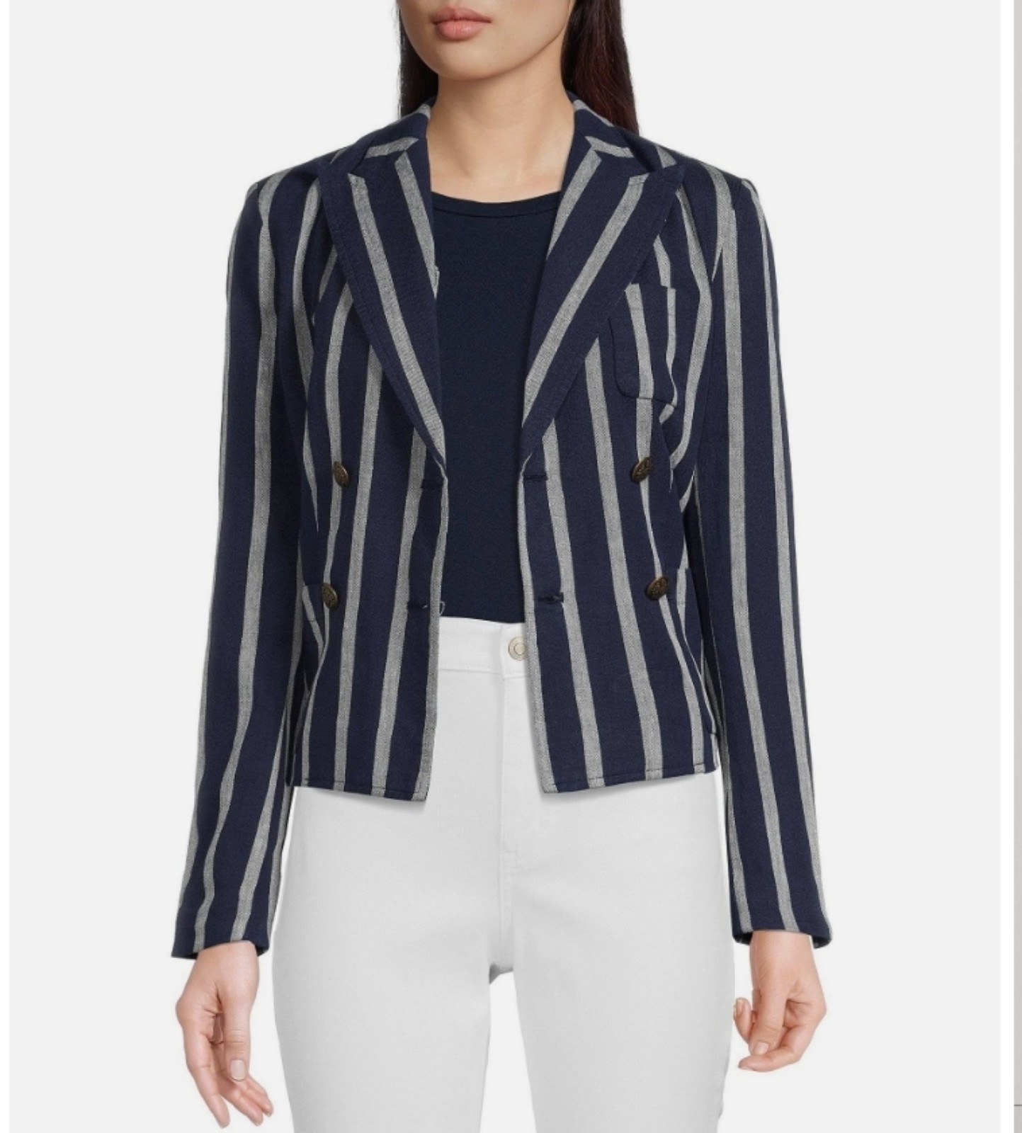 Ralph Lauren Women's Blue Striped Linen Anchor Button Blazer Jacket