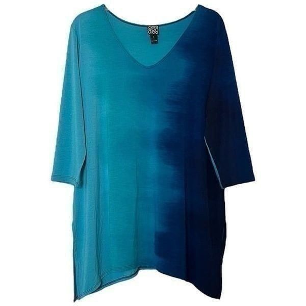 Clara Sun Woo Lagenlook Tunic Top Blue Turquoise Ombre Blouse Made in USA Large