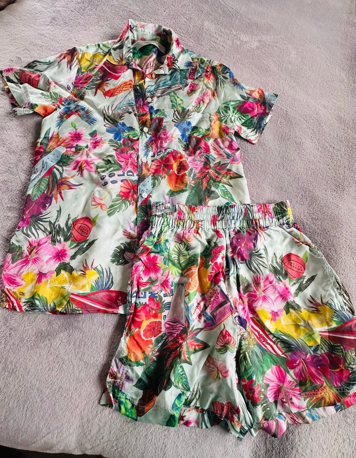 Golden Goose Womens Floral Pink Green Short Sleeves Button Down Shorts Set S 78