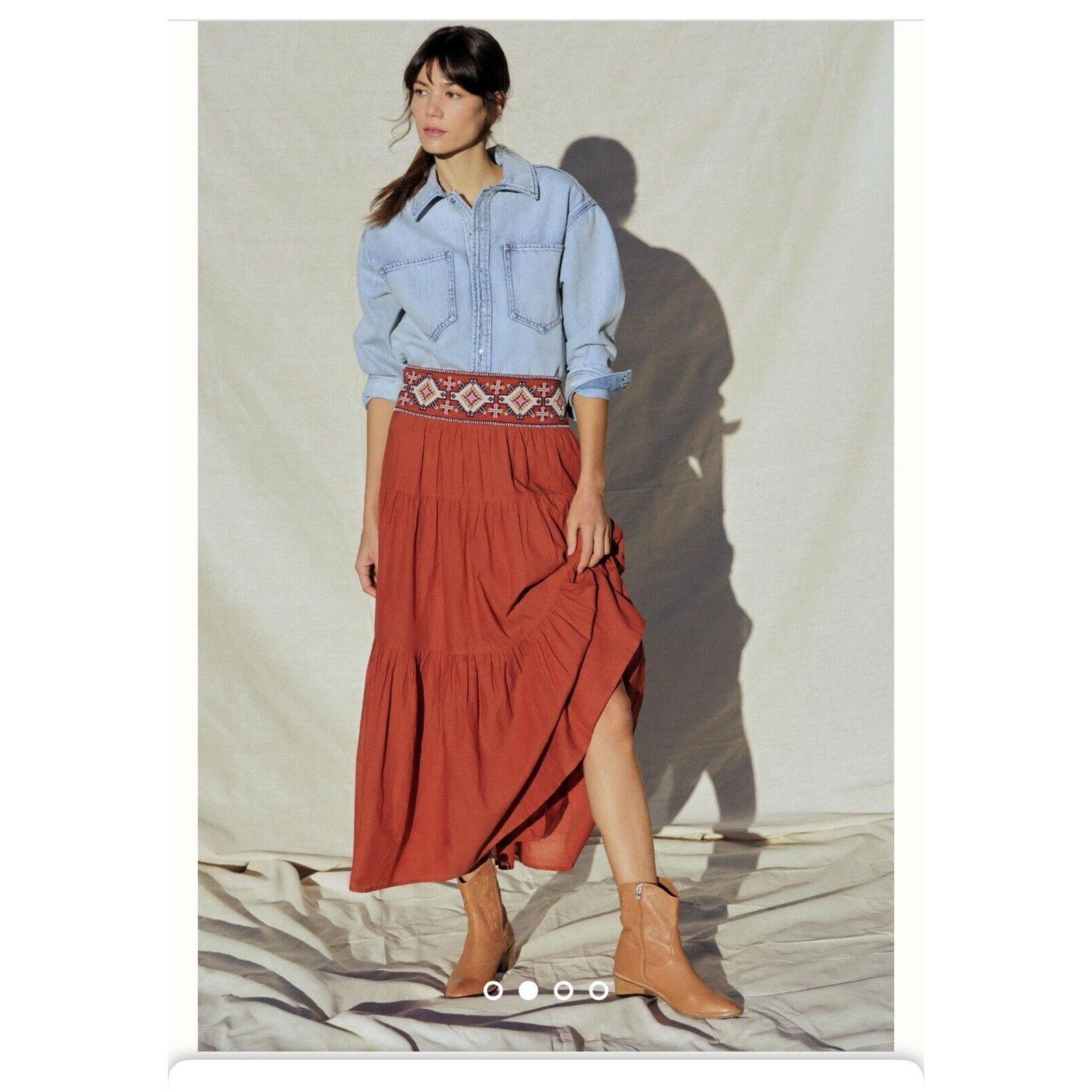 Anthropologie Tiered Boho Beaded Peasant Skirt Cotton XL Burnt Orange