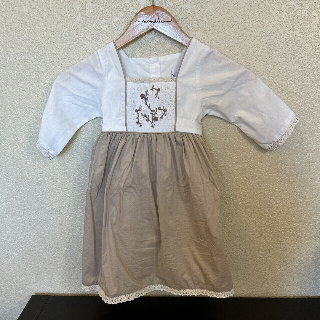 Periwinkle Parasol White Brown Long Sleeve Dress 4T Smocking Lace Tie Back