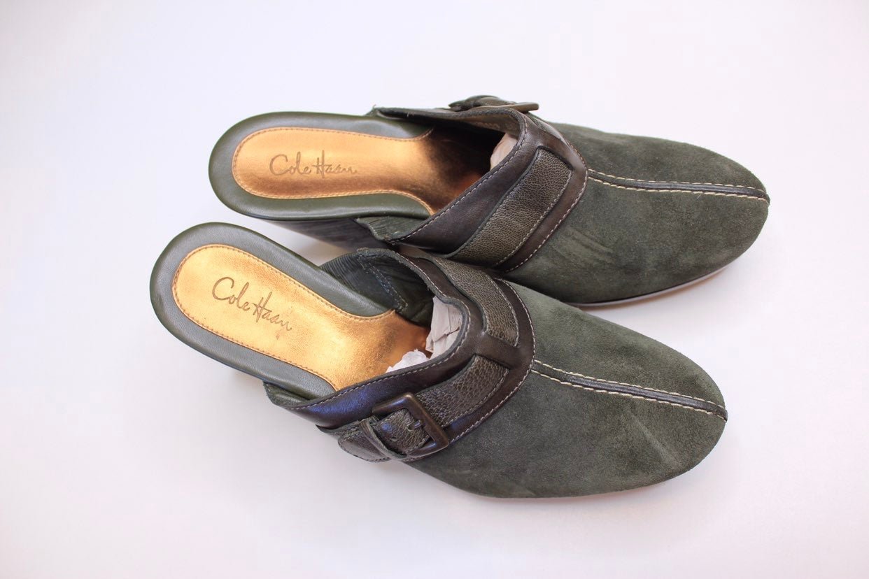 Cole Haan Green Suede Pointed Toe Clog Mules