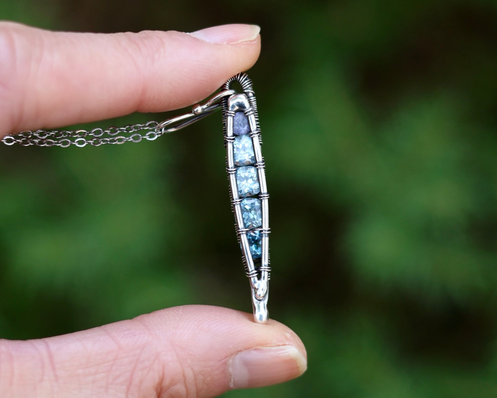 Tanzanite, Sky & London Blue Topaz Pendant Necklace Sterling Silver Wire Wrapped