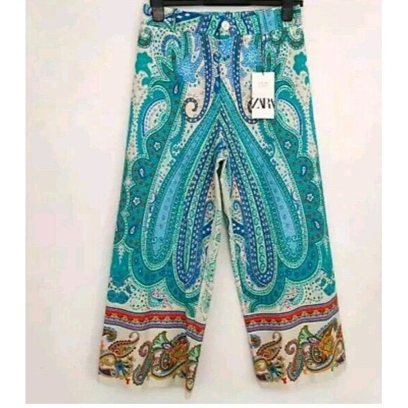 Zara SS21 Paisley Printed Cropped Wide Leg Trousers Blue Turquiose L 2730 089