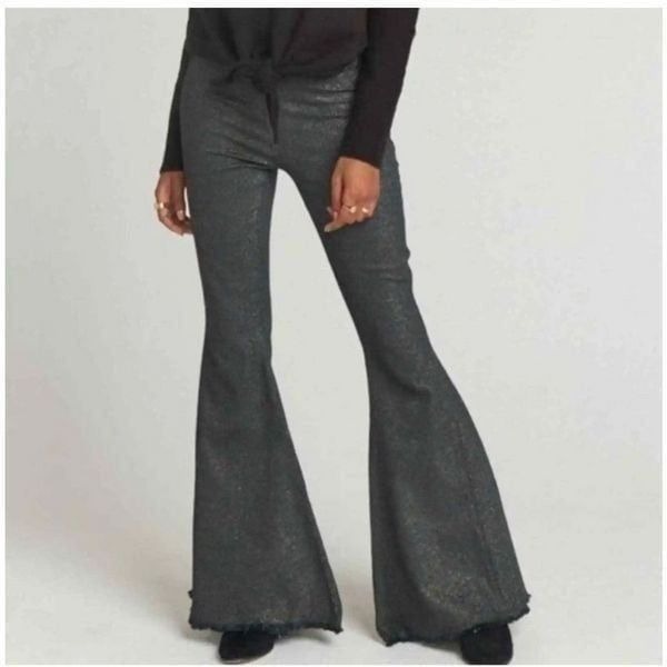 Mumu Blue Women's High Waist Elastic Waist Metallic Gray Bell Bottom Pants Sz S