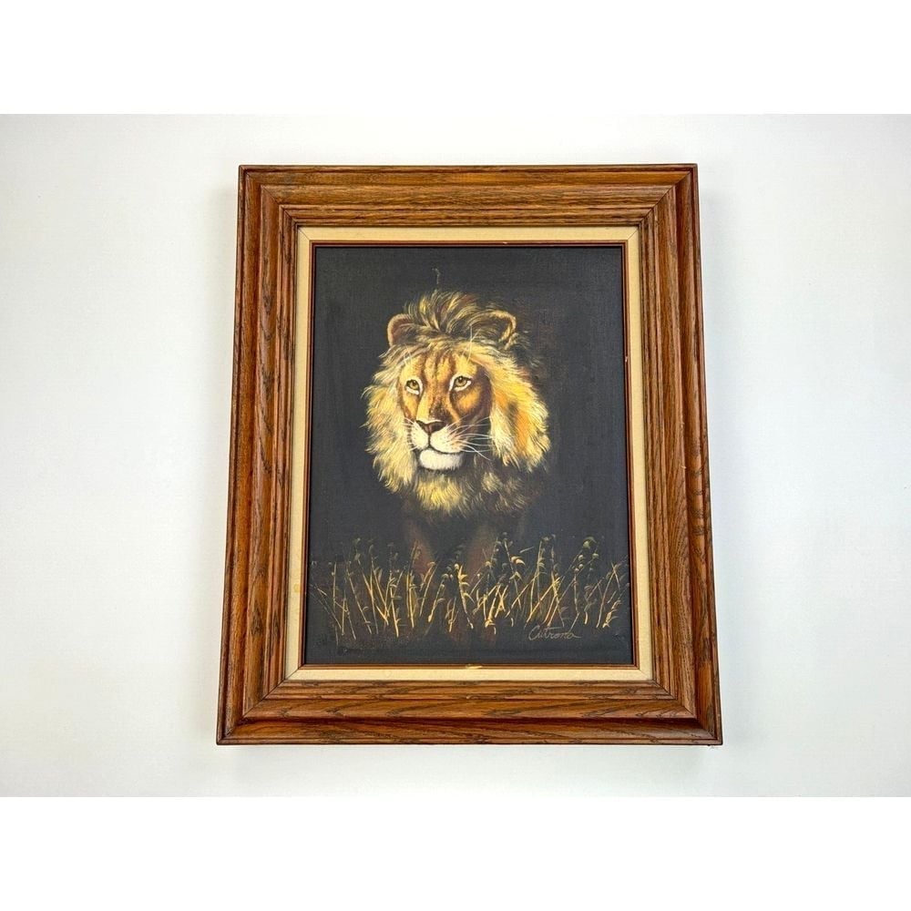 Cutrona Signed Lion Original Canvas Oil Painting Framed VTG Animal 12x16 OOAK