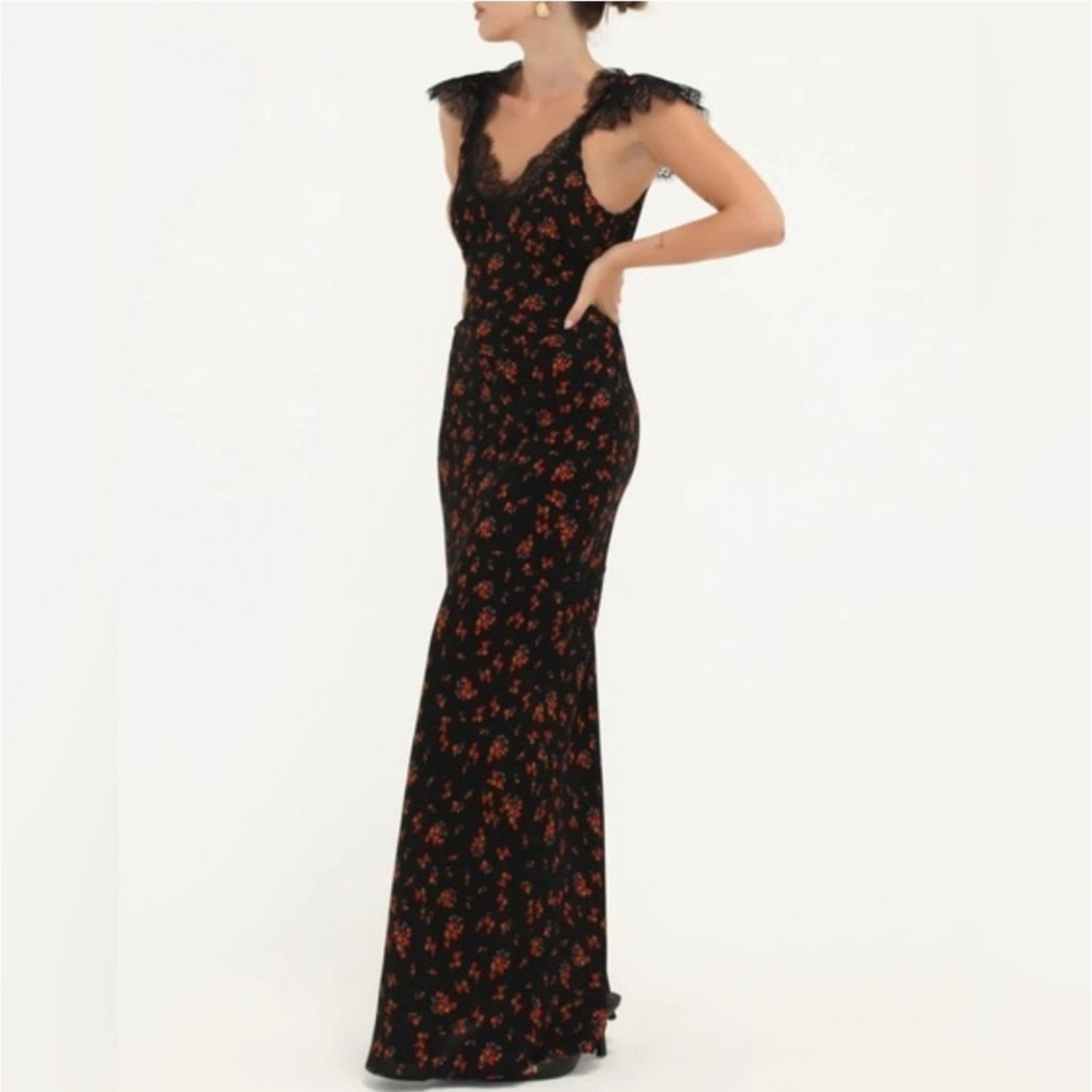 NEW Rumored Frontier Spanish Poppy Black Red Floral Lace Maxi Dress