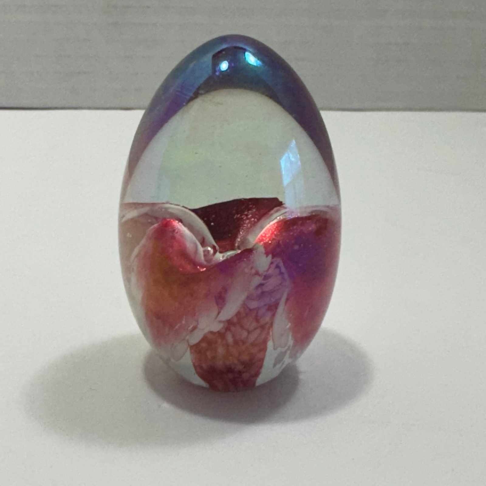Vintage 80’s Mount St. Helens Glass Iridescent Egg Paperweight, Signed, USA