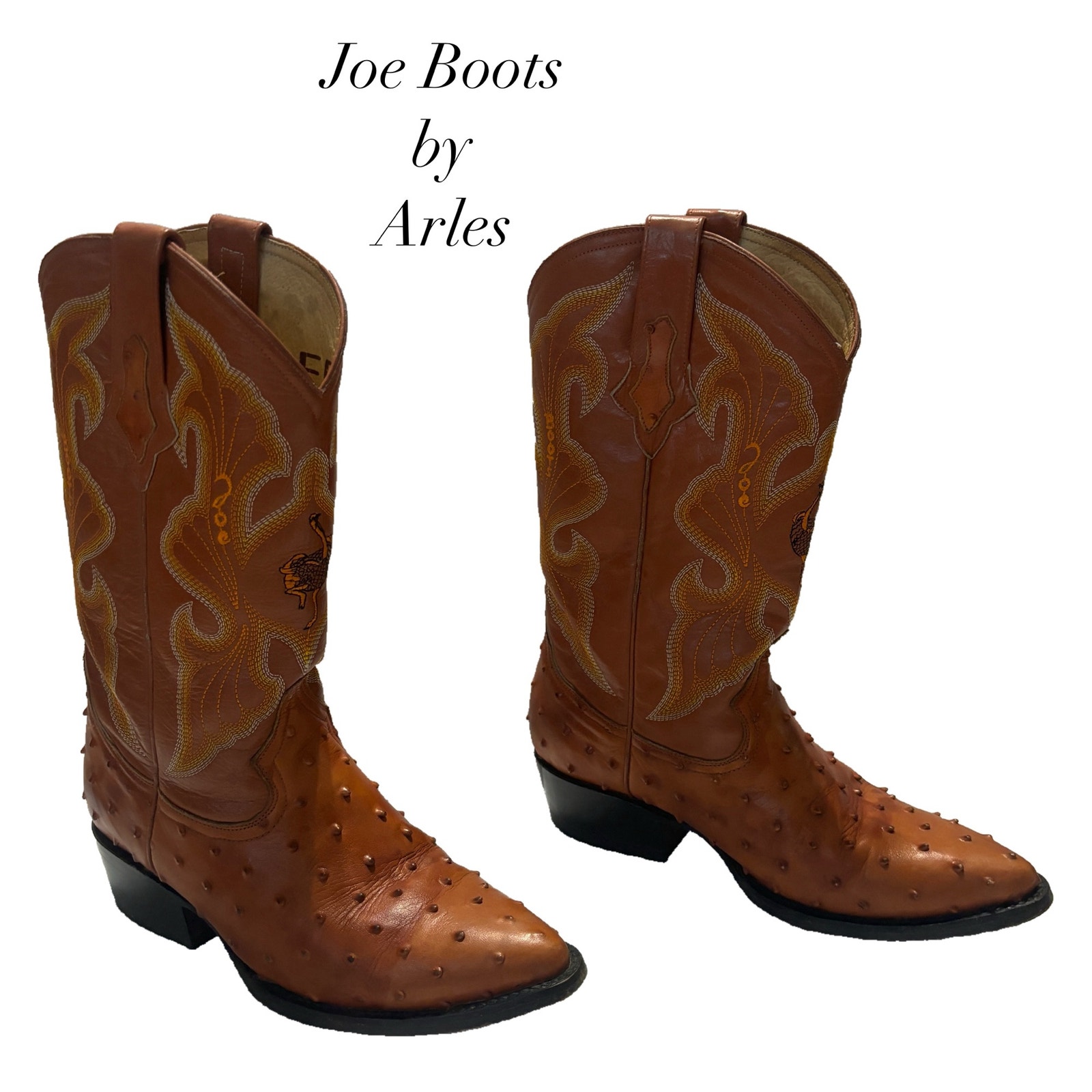 Joe Boots by Arles Cognac Ostrich Print Leather Western Cowboy Boots Size 7
