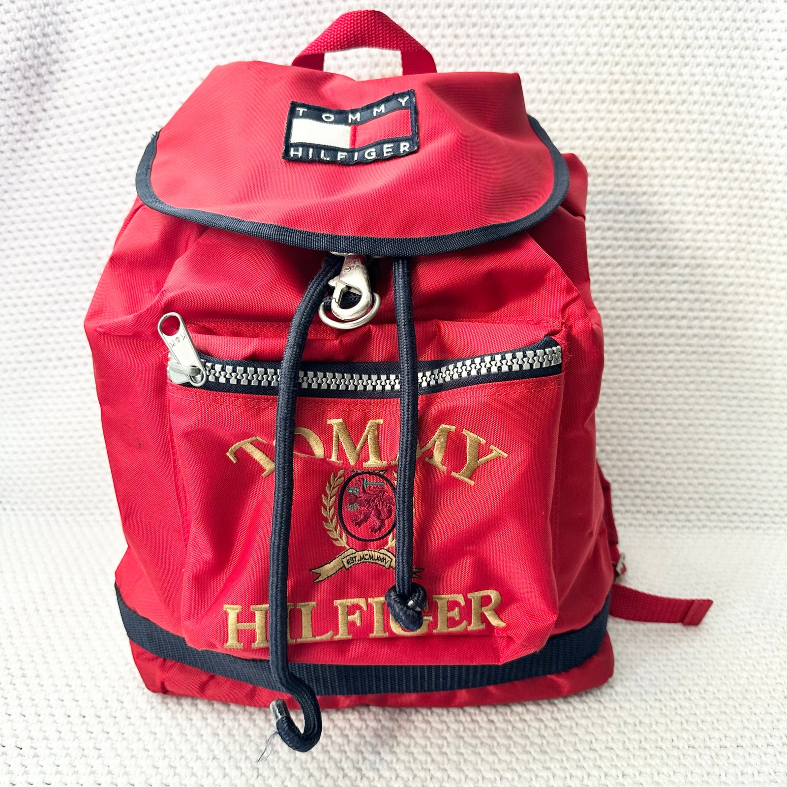 Tommy Hilfiger Vintage 90s Red Industrial Zip Nylon Embroidered Crest Backpack