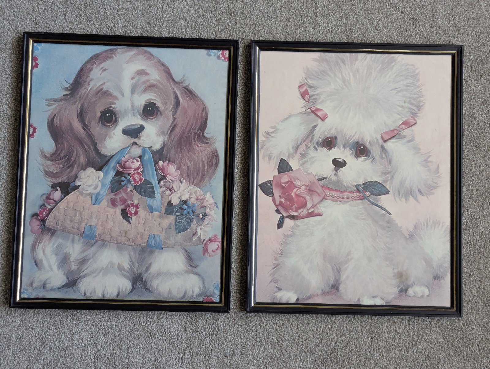 Puppy Lithograph Framed Art Prints, 14x11 Vintage Kitsch Flowers, Coby Set of 2