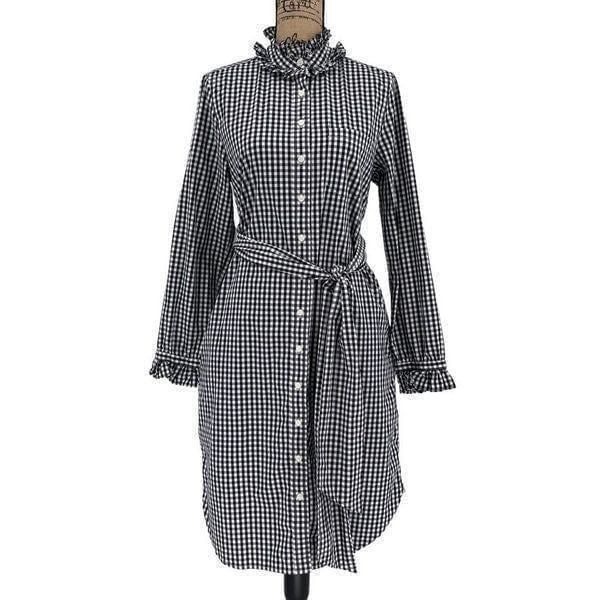 J Crew Classic Fit Ruffleneck Shirtdress Midi Long Sleeve 6 Navy White Check