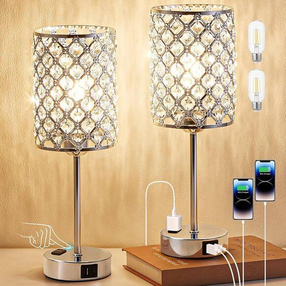 NEW Set of 2-Crystal Table Lamp with USB (LED Bulb Included)