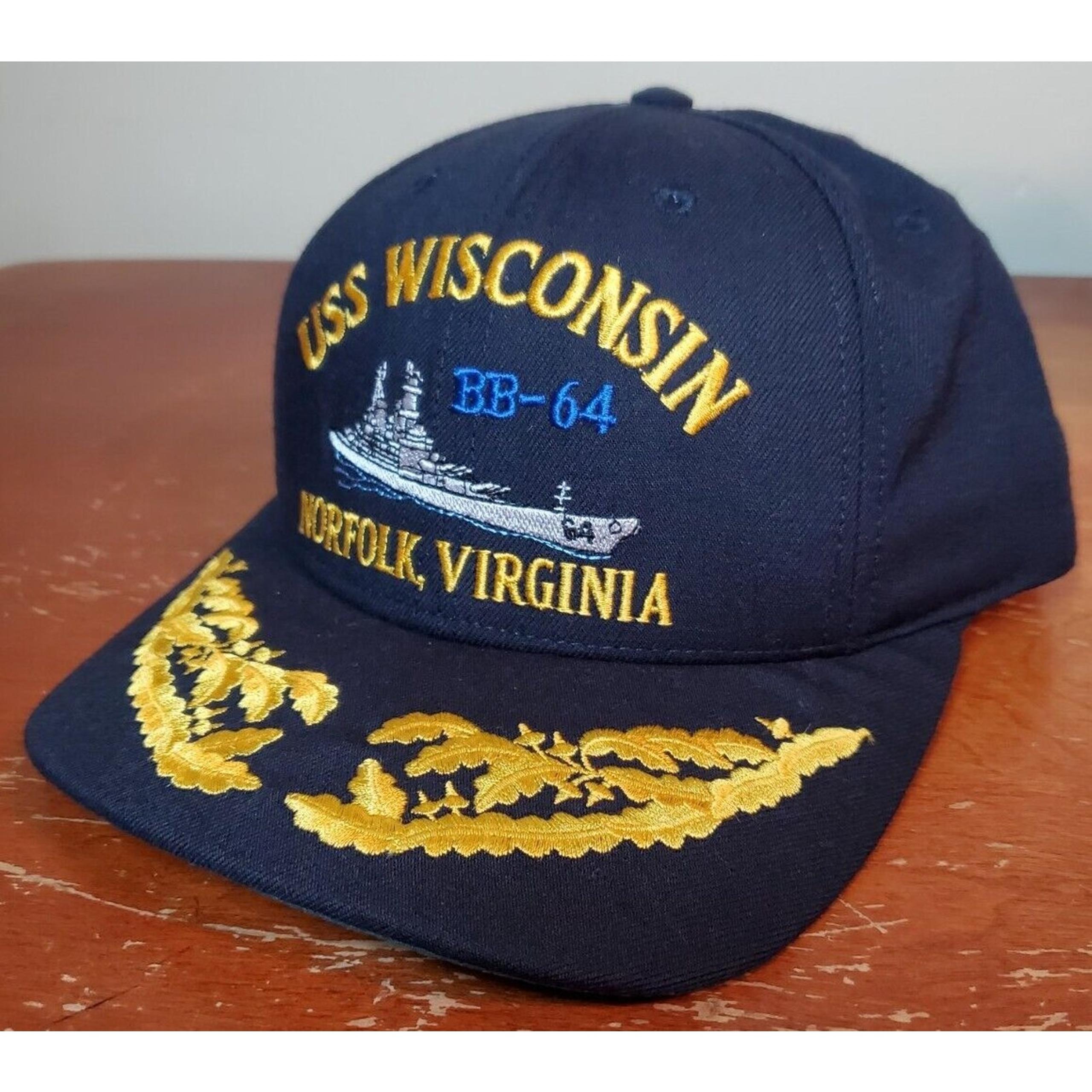 Vintage USS Wisconsin BB-64 Trucker Hat Norfolk Virginia Navy Blue Snapback Cap