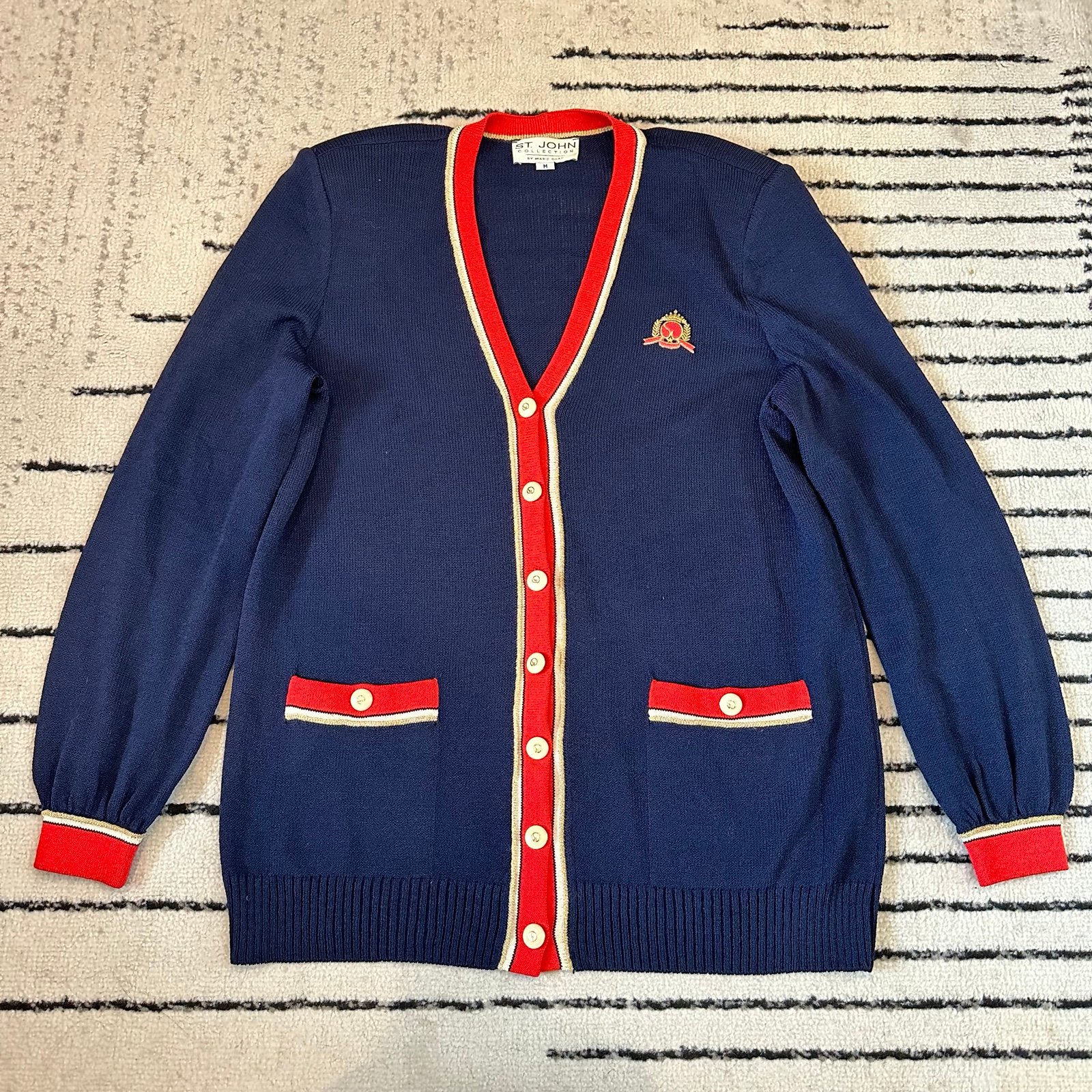 St. John Collection By Marie Gray Navy Red Gold Crest Cardigan Women’s Sz Medium