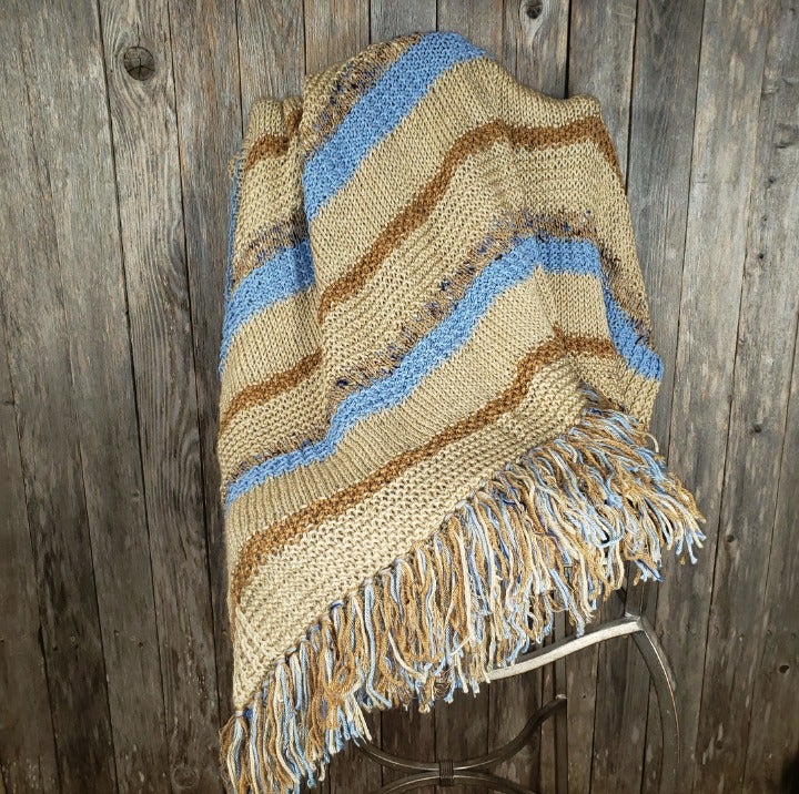 NEW Beige Blue Handmade Knitted Afghan