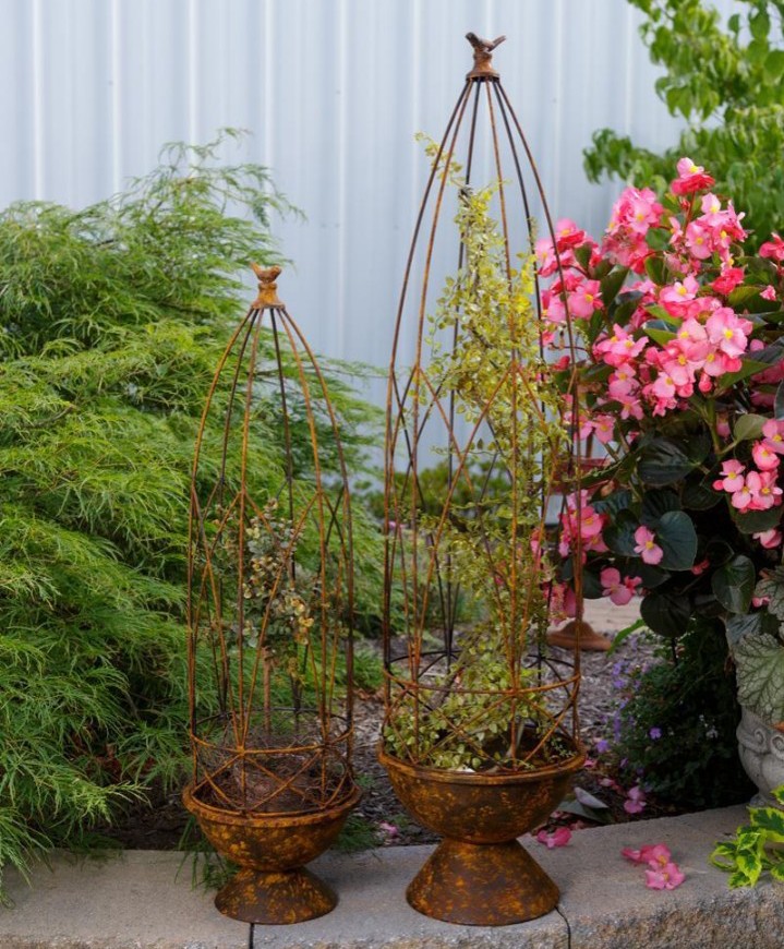 Flower Stand With Bird Top - Rusty Nested-Set of 2-