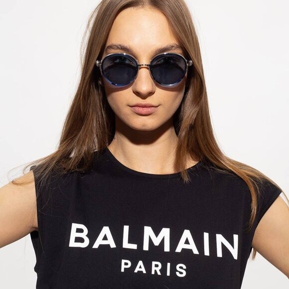 New Balmain CROISSY BPS-126C Sunglasses - Silver Frame, Blue Lenses
