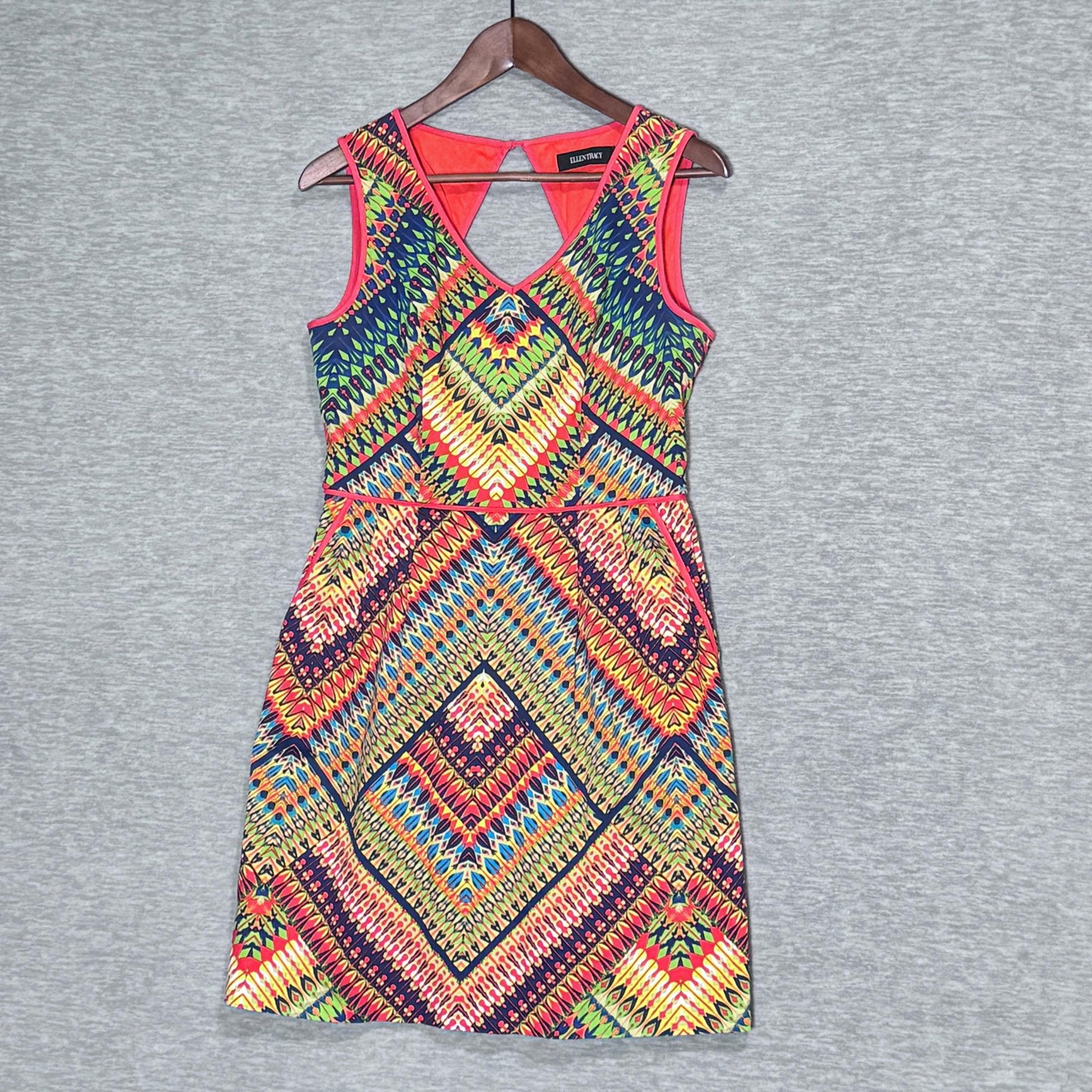 Ellen Tracy Aztec Sleeveless Cutout Back Mini Dress Colorful Casual Work Party