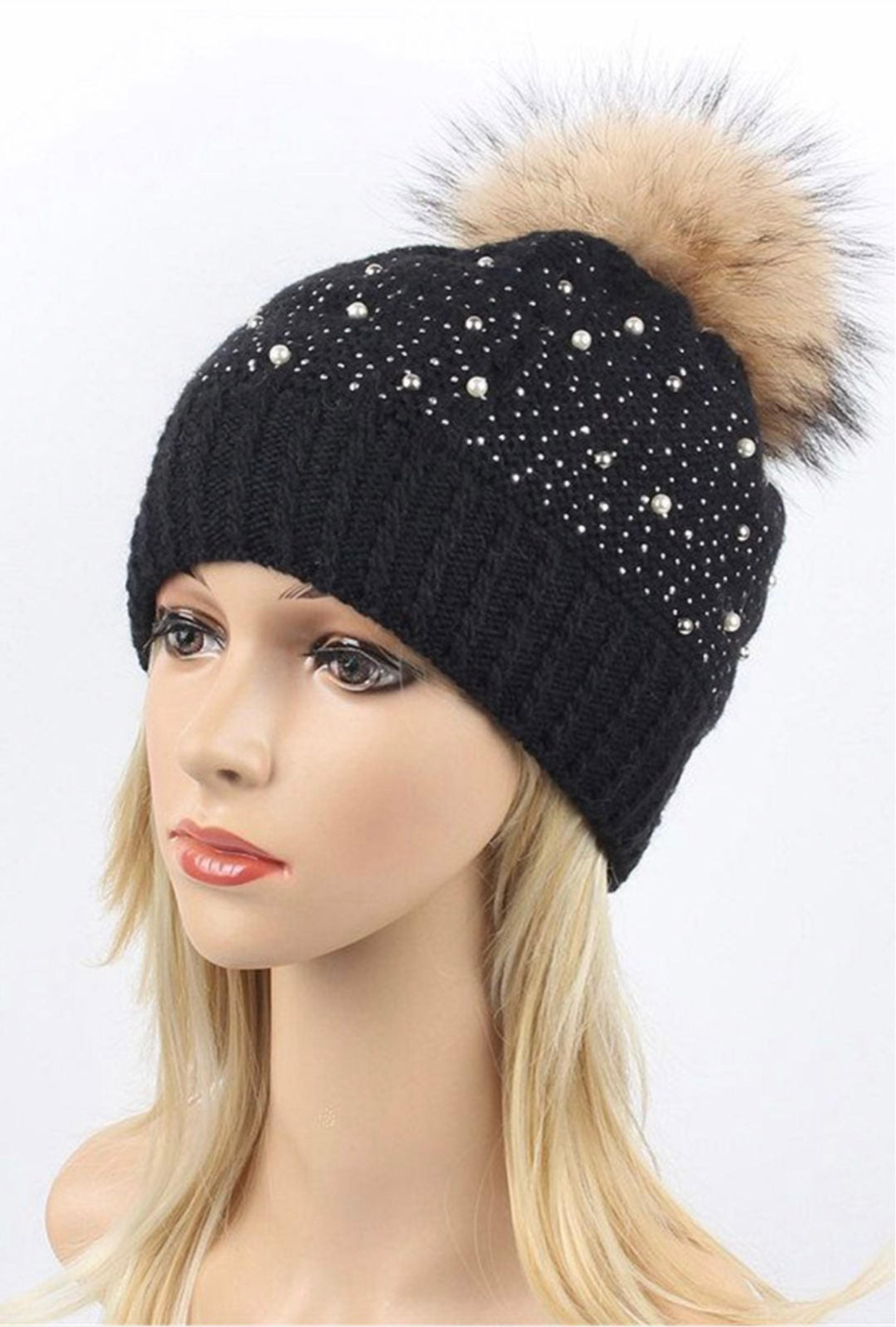 Beaded Genuine Fur Pom Beanie Hat