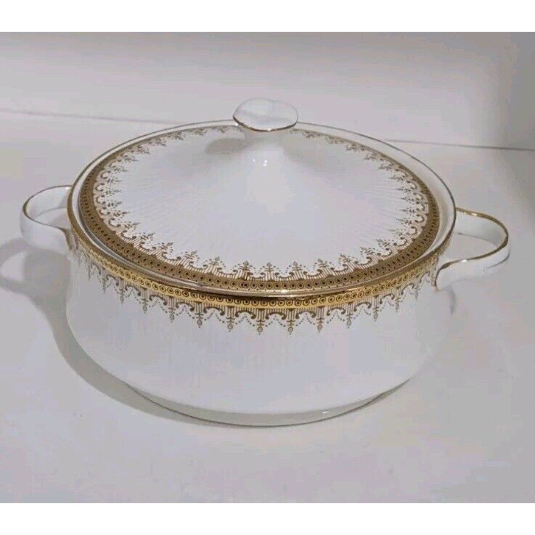 Hitkari Bone China Gold Border Black dot Gold Scrolls Covered Servung Bowl VTG