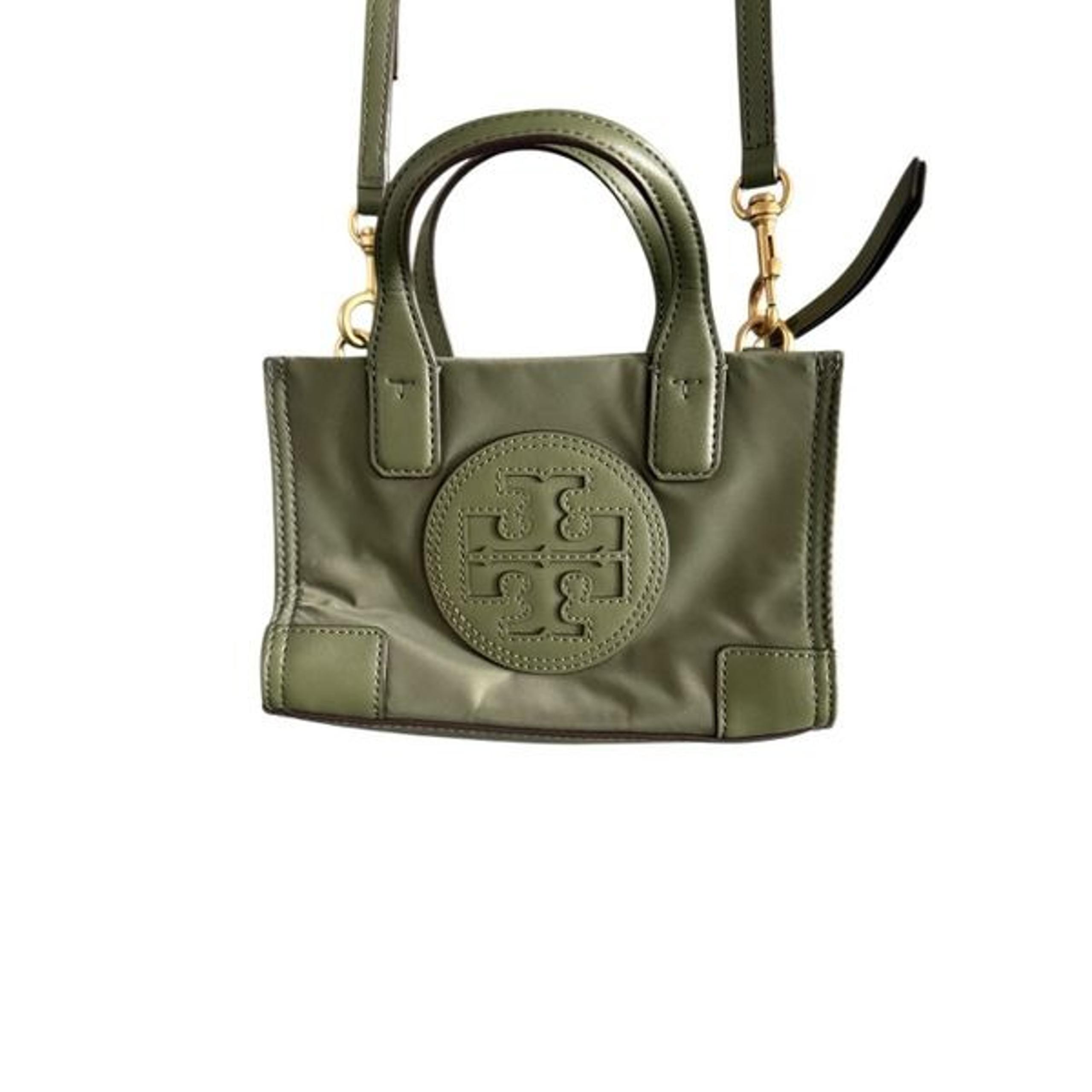 Tory Burch Womens Green Ella Nylon Faux Leather Logo Tote Crossbody Bag Mini
