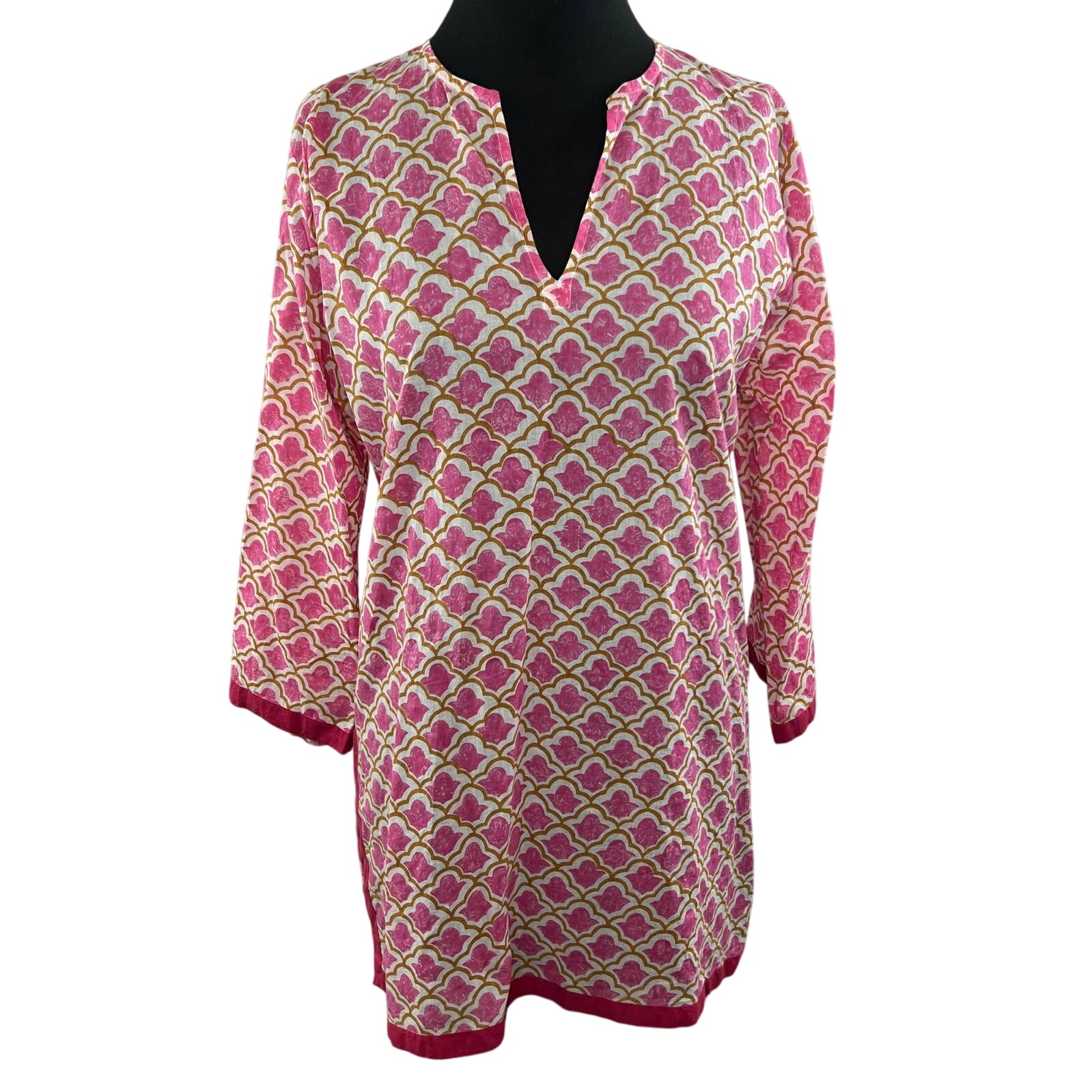 Roberta Roller Rabbit Pink Split V-Neck Cotton 3/4 Sleeve Kurta Tunic Top Size M
