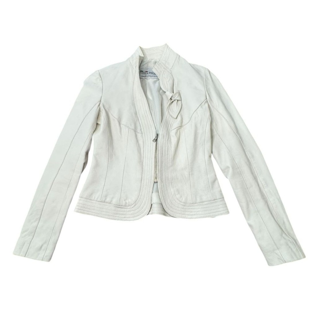 Vera Pelle Leather Ivory Jacket Blazer Zipper Made in Italy Women’s Size 42