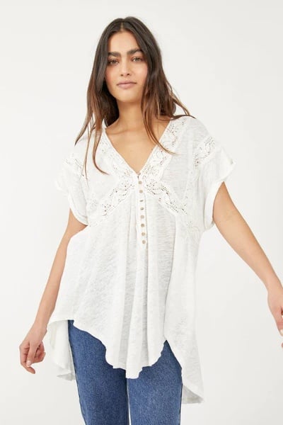 Free people nwt bohemian crochet oversize white linen cotton top blouse tunic
