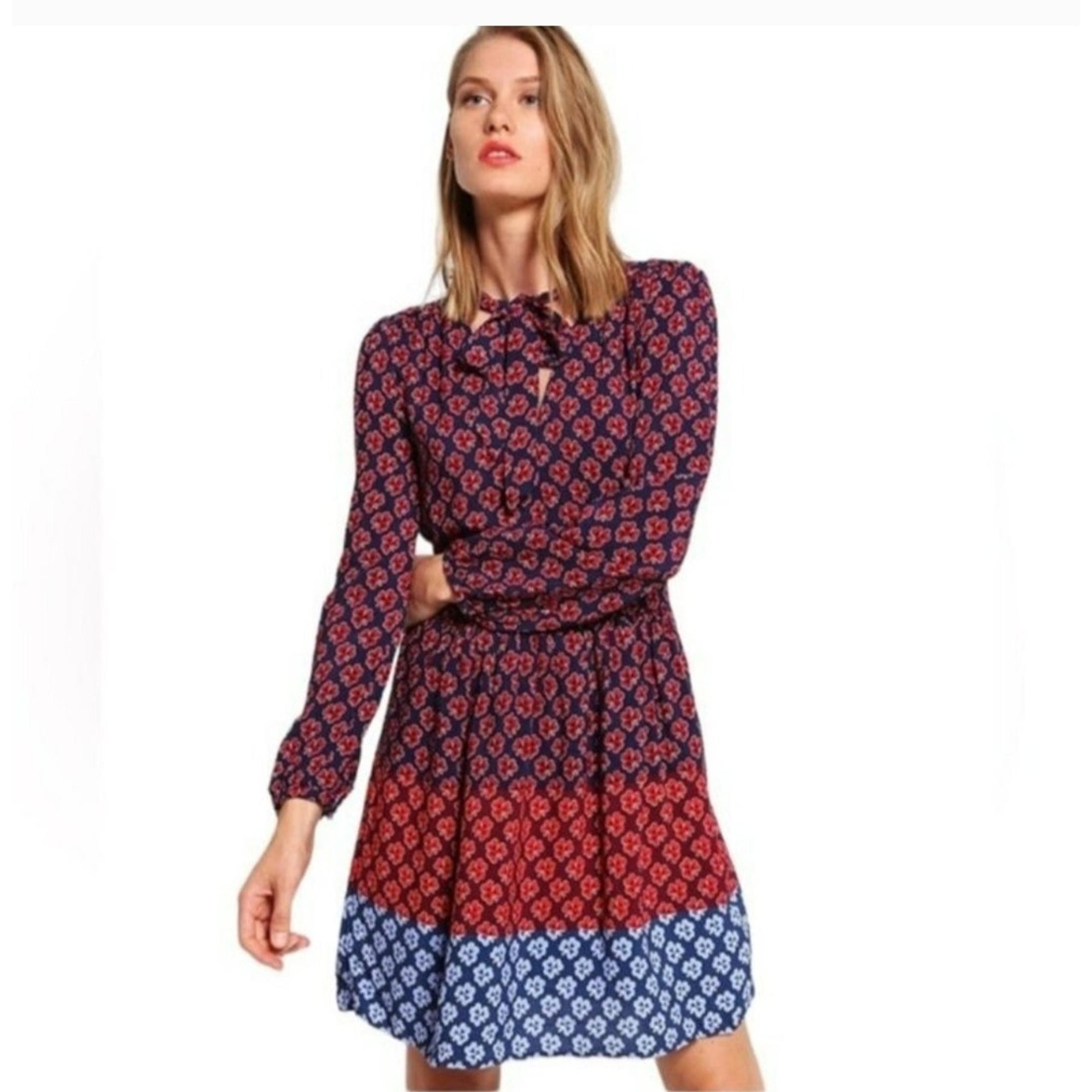 NWOT Gap Navy Blue/Red Shamrock Clover Tied Neck Long Sleeve Dress Sz 12